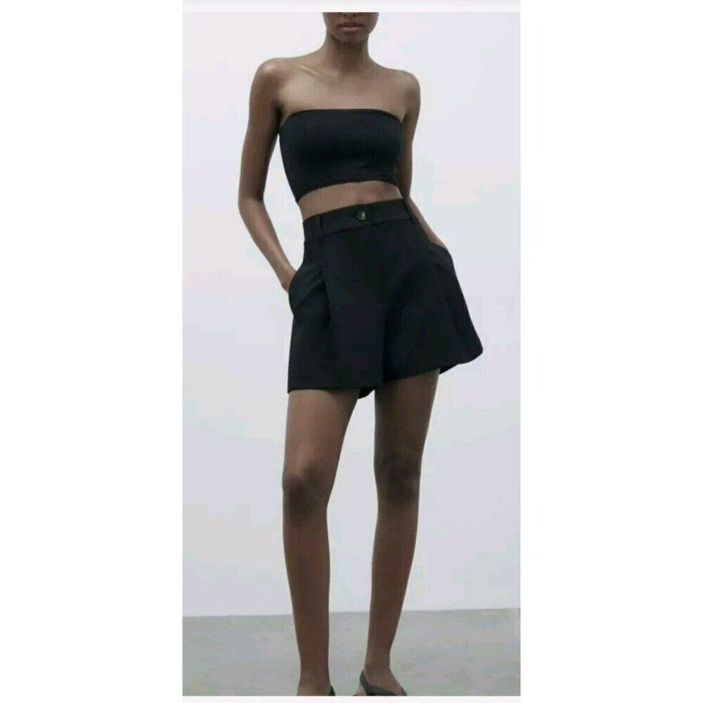 Zara High Waisted Shorts Black Size M Womens NWT Blogger 15.5" Ptp 7149 042